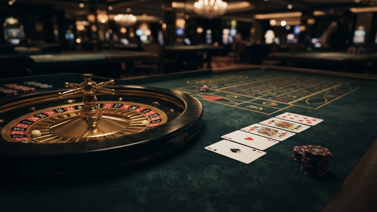 Roulette et cartes sur surface de casino vert sombre